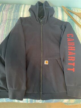 Carhartt Mens Navy Zip Hoodie with Red Sleeve Script